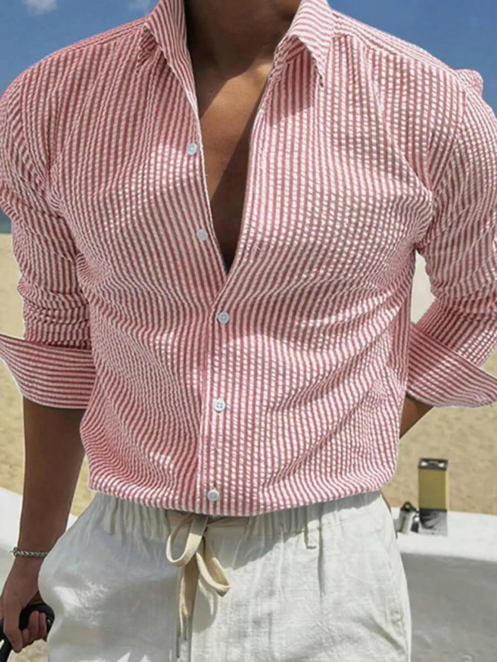 Men's Textured Long-Sleeve Stripe Shirt. Textured striped finish.