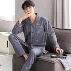 Men's Piped Long-Sleeve Lounge Pyjamas. Polyester fabric.