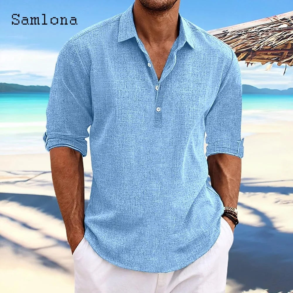 Men's Long-Sleeve Cotton-Linen Popover Shirt. Cotton-linen blend.