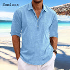 Men's Long-Sleeve Cotton-Linen Popover Shirt. Cotton-linen blend.