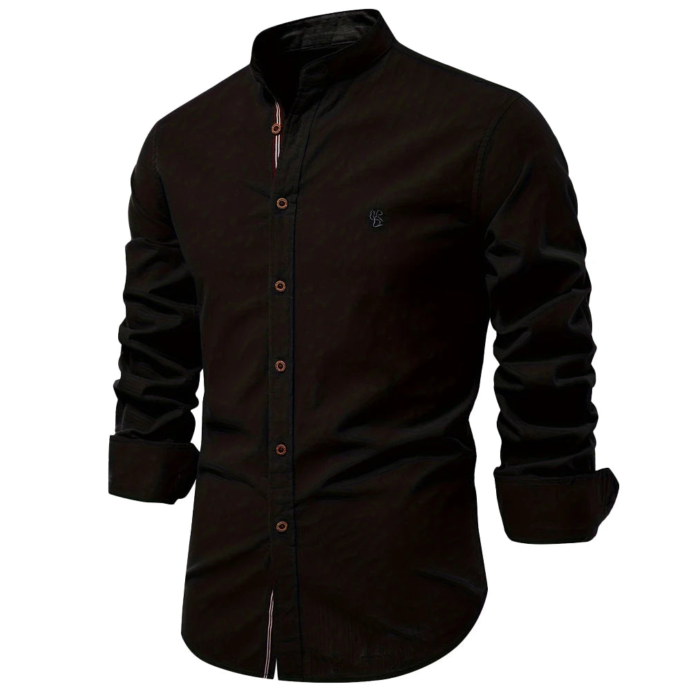 Men's Cotton Grandad-Collar Contrast Shirt. Grandad collar.