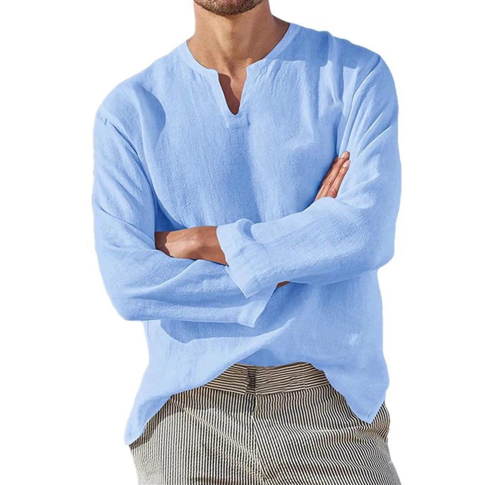 Men's Cotton-Linen V-Neck Pullover Shirt. Cotton and linen blend.