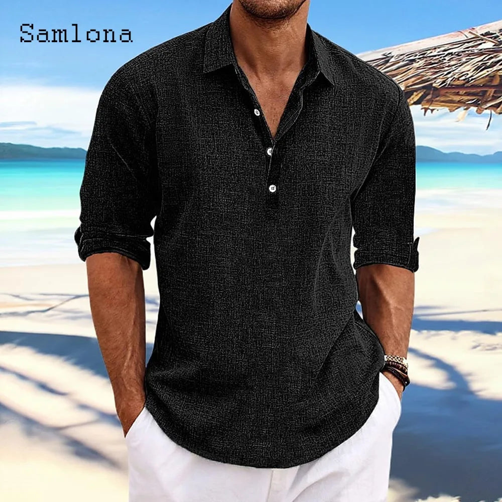 Men's Long-Sleeve Cotton-Linen Popover Shirt. Cotton-linen blend.