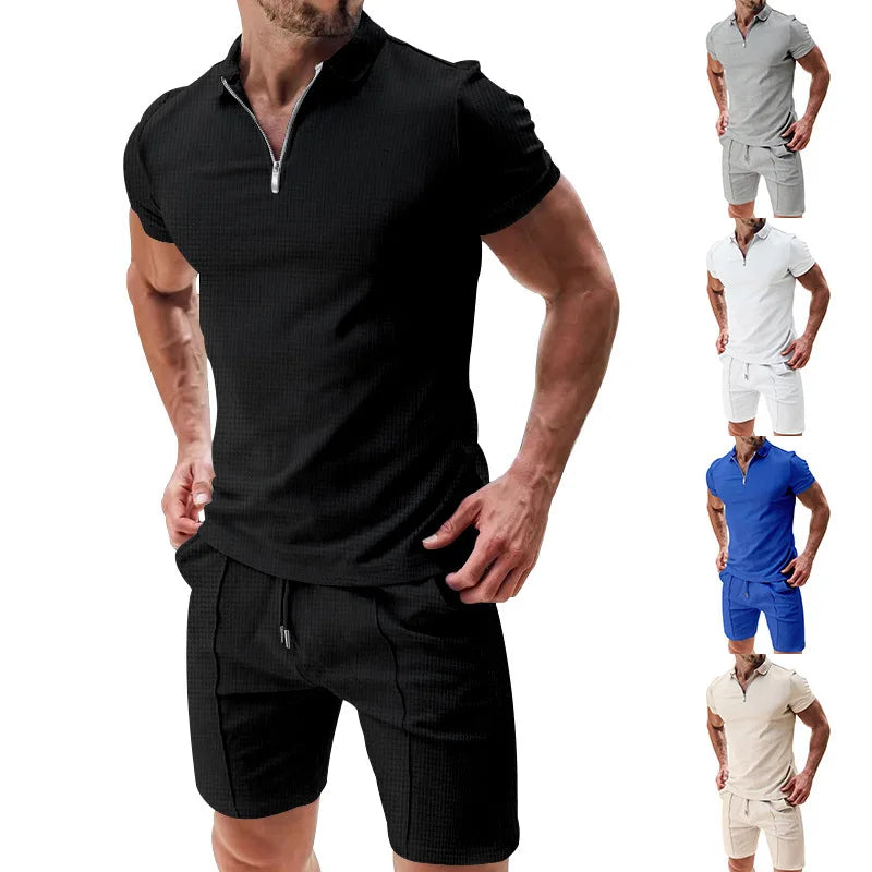 Men's Waffle Zip-Polo & Shorts Set. Matching two-piece set.