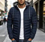 Men's Drawcord Hooded Quilted Puffer Jacket. Horizontal quilting.
