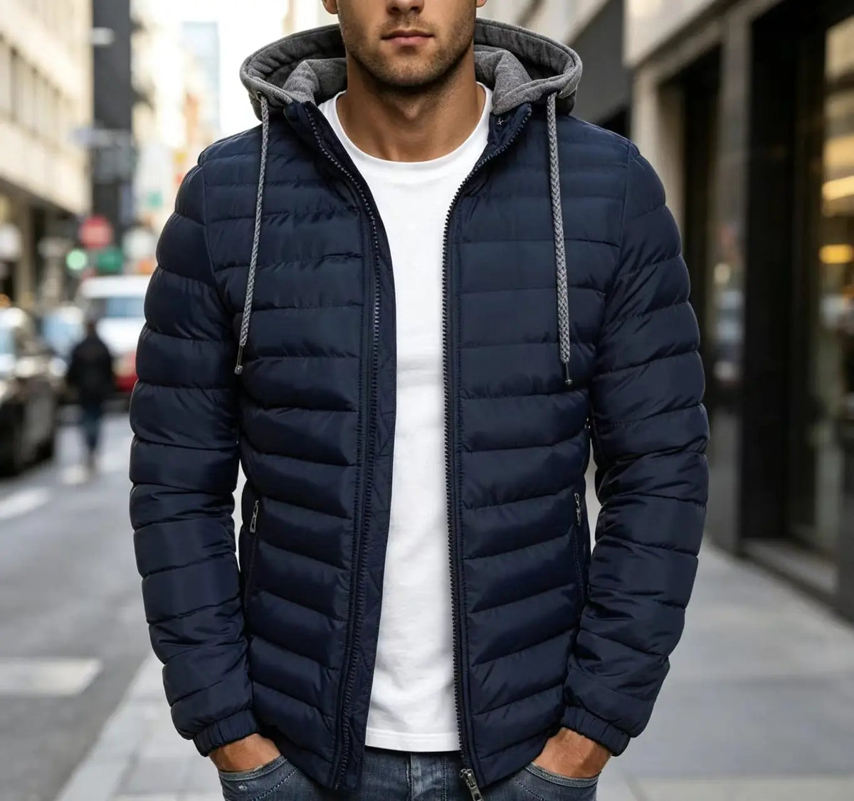 Men's Drawcord Hooded Quilted Puffer Jacket. Horizontal quilting.