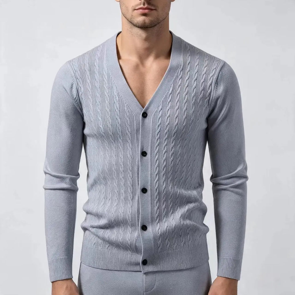 Men's Cable-Knit V-Neck Cardigan. Cable-knit texture.