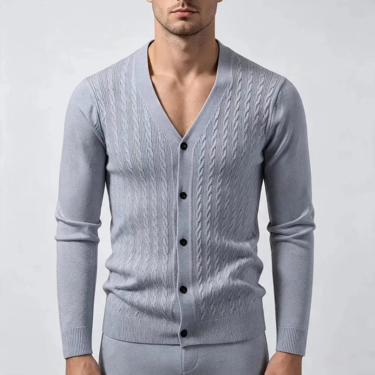 Men's Cable-Knit V-Neck Cardigan. Cable-knit texture.
