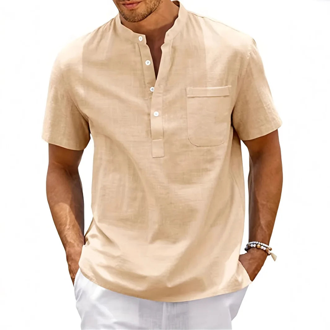 Men's Linen-Look Stand-Collar Pocket Top. Short stand collar.