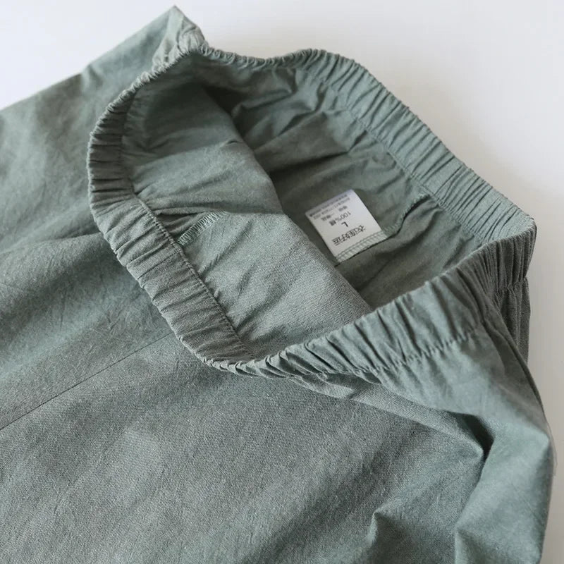 Men's Piped Cotton Kimono Lounge Set. Crinkled cotton fabric.