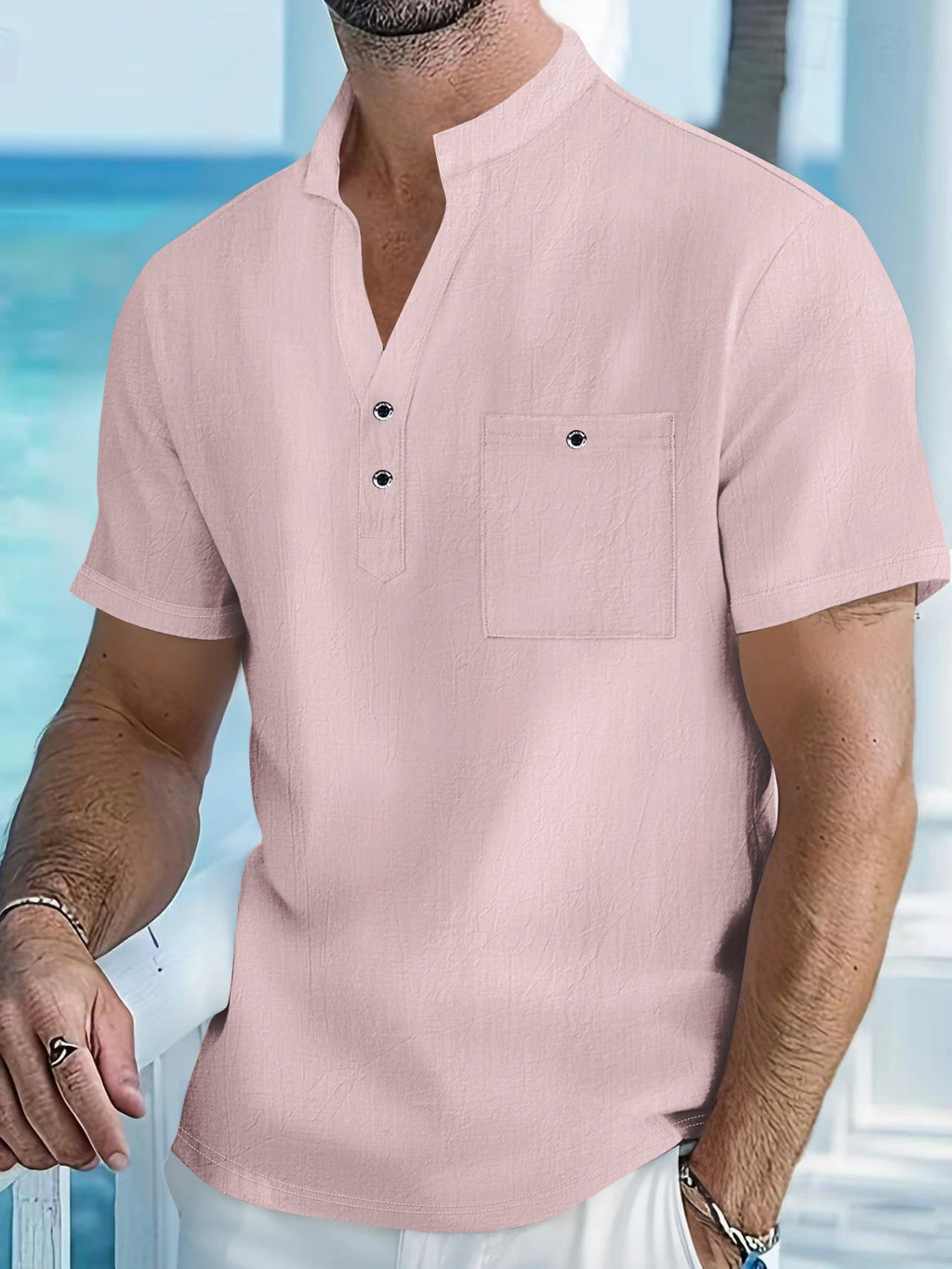 Men's Short-Sleeve Stand-Collar Popover Shirt. Cotton and linen blend.