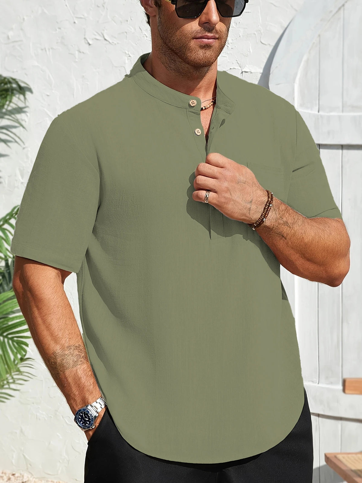 Men's Lightweight Short-Sleeve Pocket Henley. Lightweight textured finish.