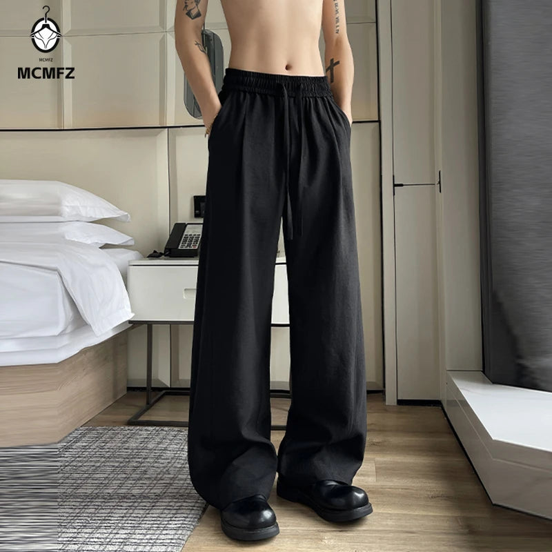 Men's Linen-Look Textured Wide-Leg Trousers. Polyester fabric with a linen-look texture.
