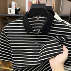 Men's Fine-Stripe Short-Sleeve Polo. Fine horizontal stripes.