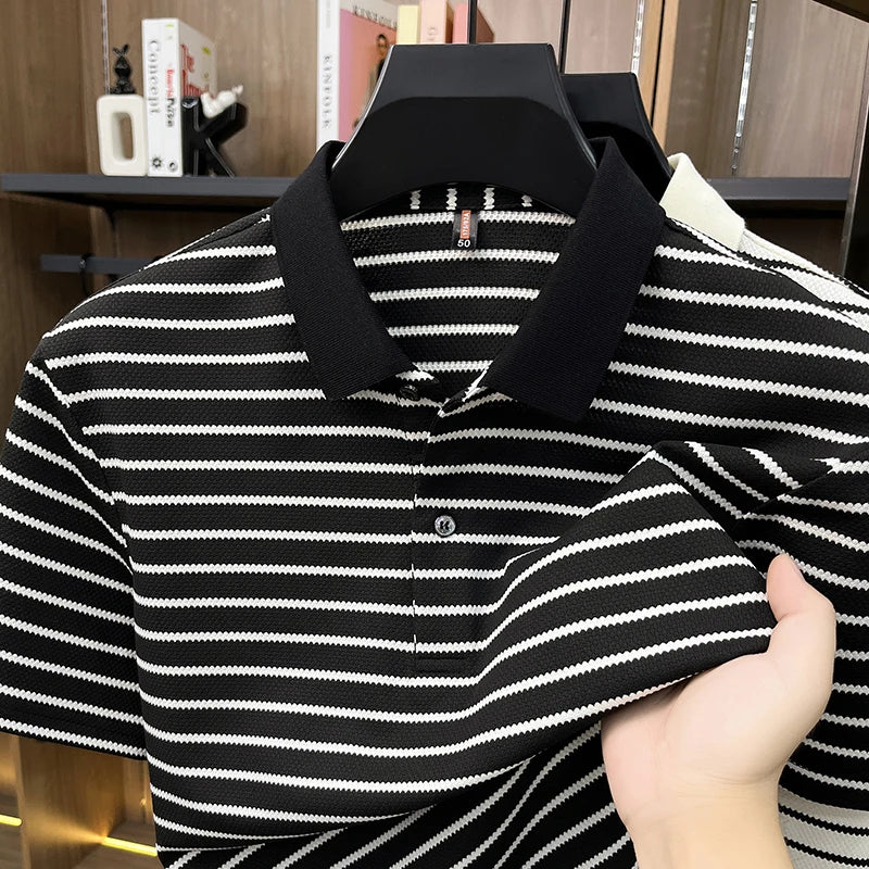 Men's Fine-Stripe Short-Sleeve Polo. Fine horizontal stripes.