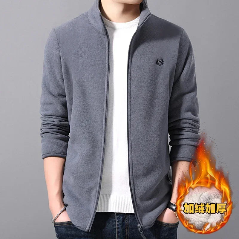 Men's Stand-Collar Zip Jacket With Chest Emblem. Stand collar.