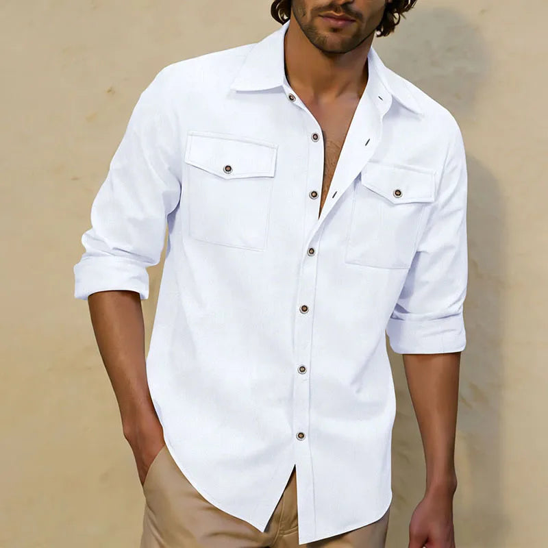 Men's Linen-Blend Twin-Pocket Utility Shirt. Long sleeves and button front.