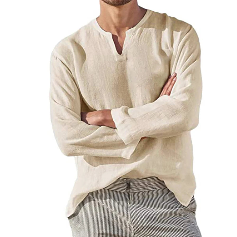 Men's Cotton-Linen V-Neck Pullover Shirt. Cotton and linen blend.