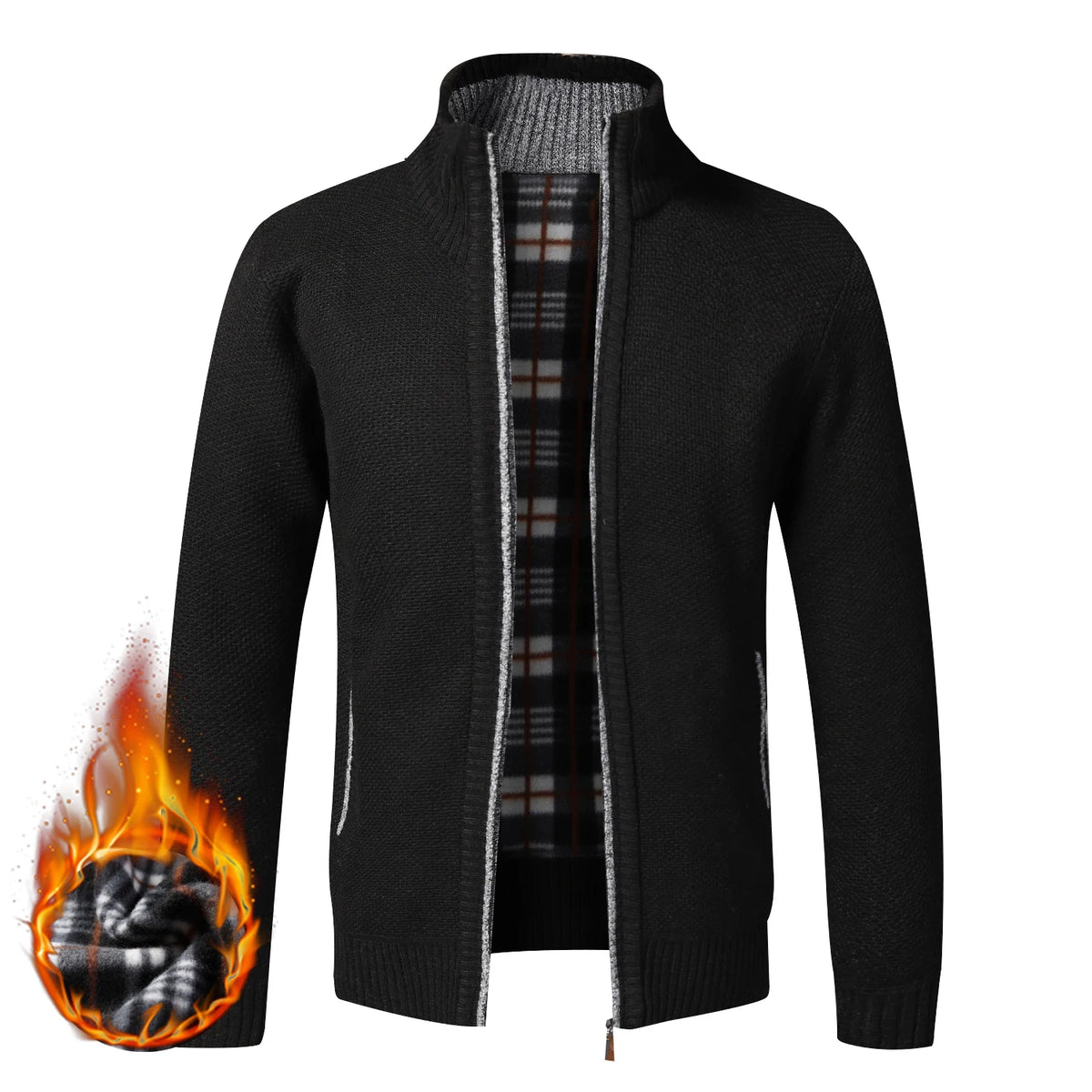 Men's Fleece-Lined Collared Knit Cardigan. Knitted exterior with fleece lining.