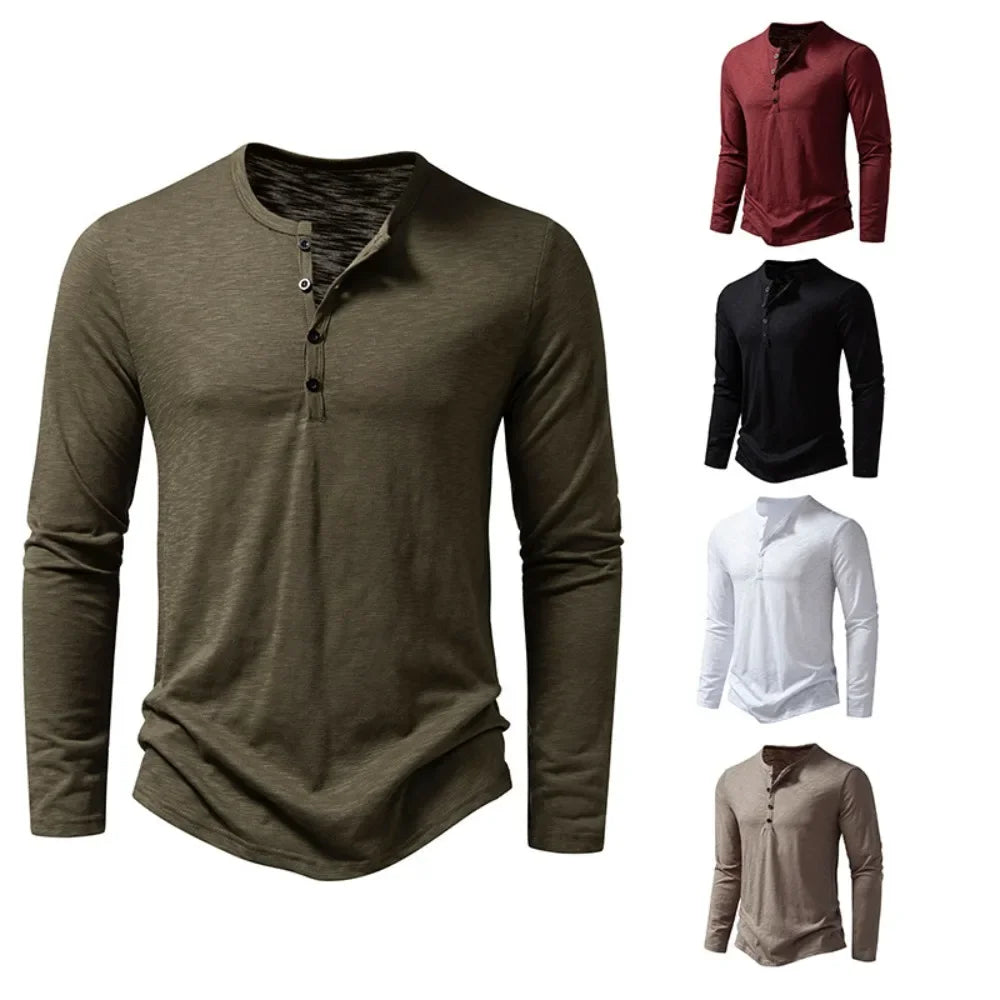 Men's Cotton Long-Sleeve Button Henley. Cotton fabric.