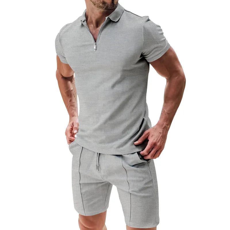 Men's Waffle Zip-Polo & Shorts Set. Matching two-piece set.