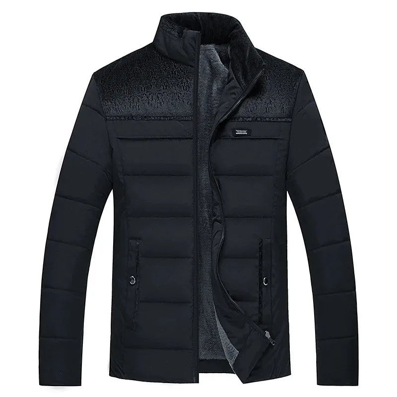 Men's Plush-Lined Quilted Puffer Jacket. Horizontal quilting with textured shoulder and chest panels.