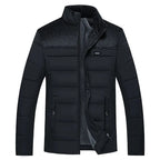 Men's Plush-Lined Quilted Puffer Jacket. Horizontal quilting with textured shoulder and chest panels.