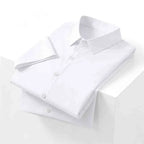 Men's Smooth Short-Sleeve Stretch Shirt. Pointed collar and button front.