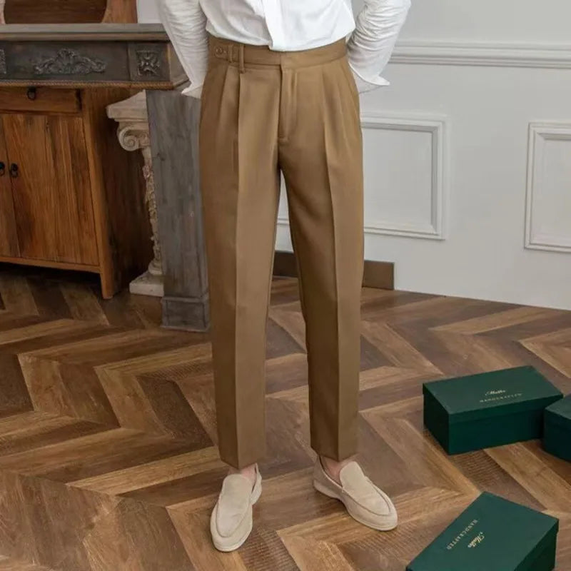 Men's Cropped High-Waist Pleated Trousers. Cotton and polyester blend.