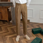 Men's Cropped High-Waist Pleated Trousers. Cotton and polyester blend.