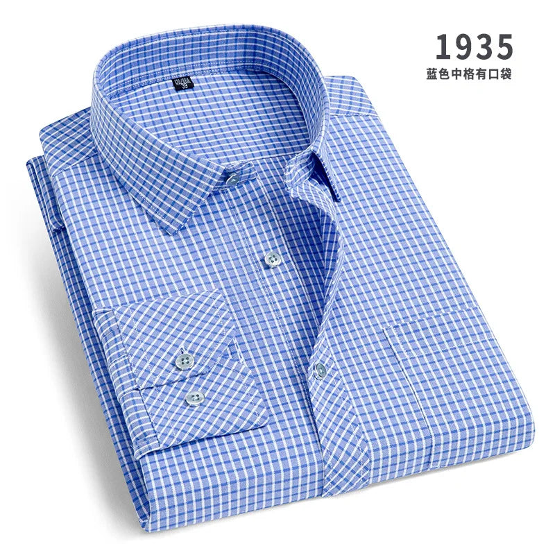 Men's Classic Stripe & Plain Pocket Shirt. Cotton-polyester blend.