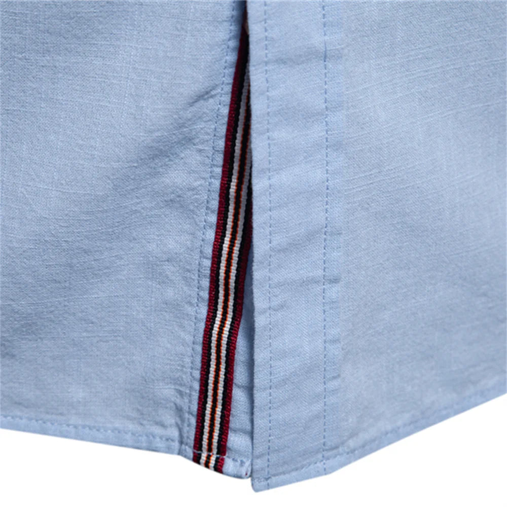 Men's Cotton Grandad-Collar Contrast Shirt. Grandad collar.