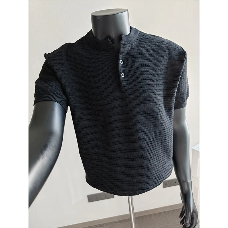 Men's Textured Short-Sleeve Knit Henley. Textured knit.