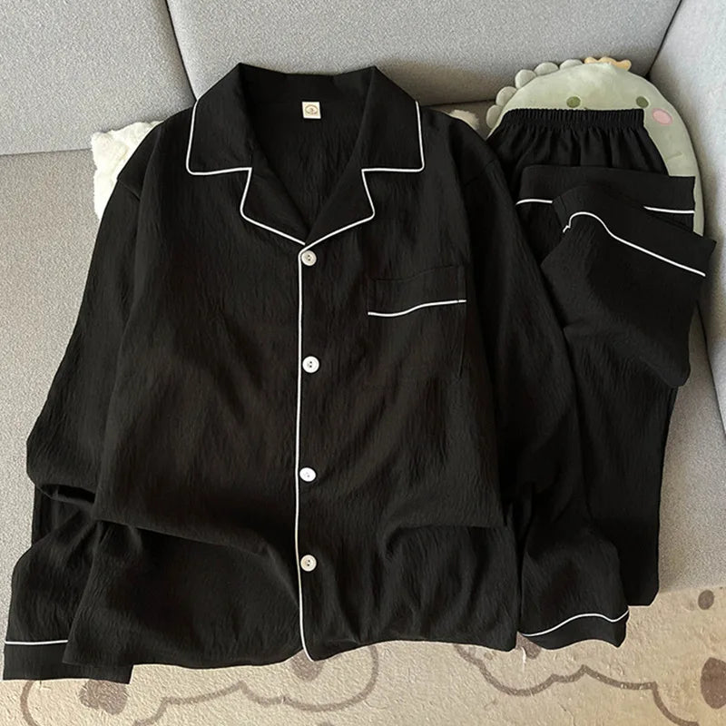 Men's Textured Piped Button-Front Pyjamas. Textured polyester fabric.