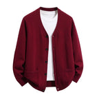 Men's Relaxed V-Neck Pocket Cardigan. V-neckline.