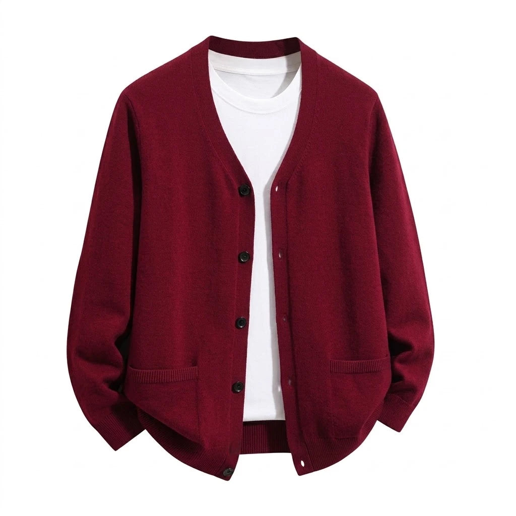 Men's Relaxed V-Neck Pocket Cardigan. V-neckline.
