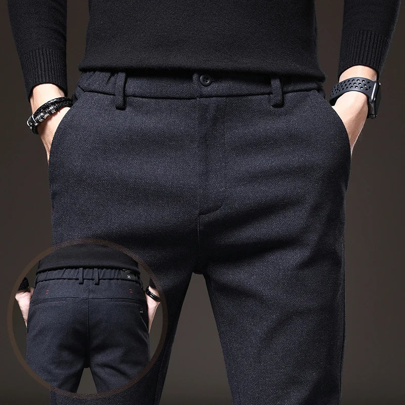Men's Textured Smart Stretch Trousers. Polyester blend with viscose, nylon, cotton and elastane.