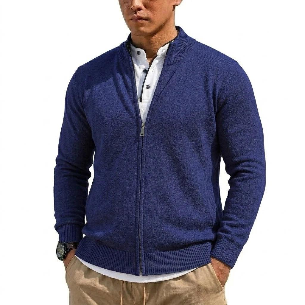 Men's Stand-Collar Zip-Through Cardigan. Full-length zip fastening.