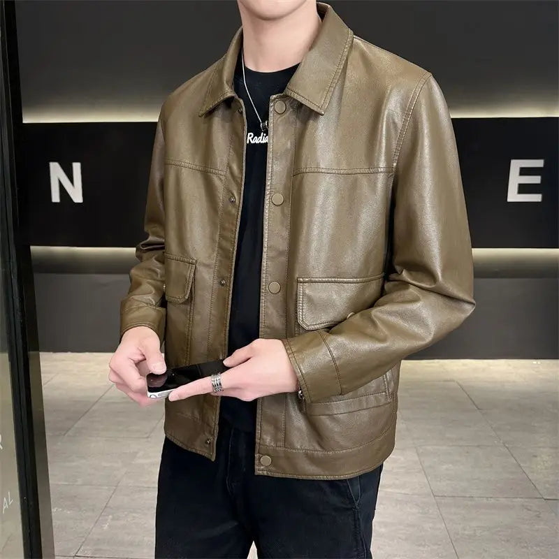 Men's Faux-Leather Snap-Front Utility Jacket. Imitation-leather finish.