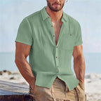 Men's Linen-Blend Short-Sleeve Pocket Shirt. Pointed collar and button front.