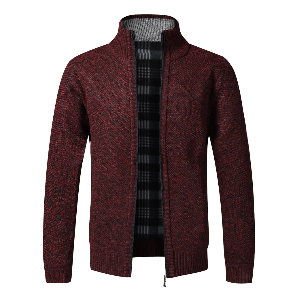 Men's Fleece-Lined Collared Knit Cardigan. Knitted exterior with fleece lining.