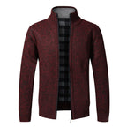 Men's Fleece-Lined Collared Knit Cardigan. Knitted exterior with fleece lining.