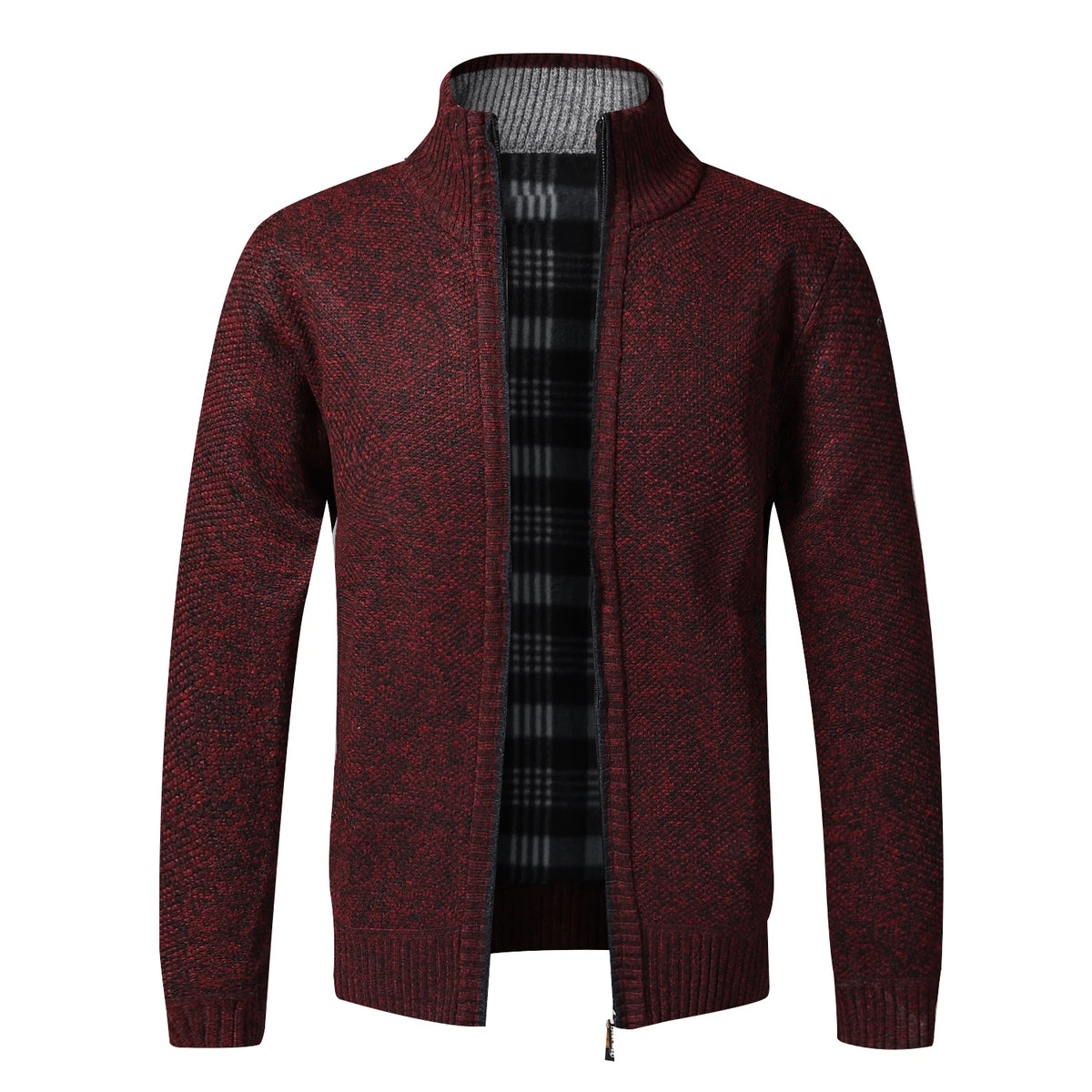 Men's Fleece-Lined Collared Knit Cardigan. Knitted exterior with fleece lining.