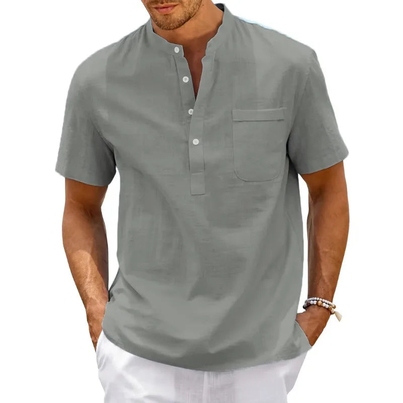 Men's Linen-Look Stand-Collar Pocket Top. Short stand collar.