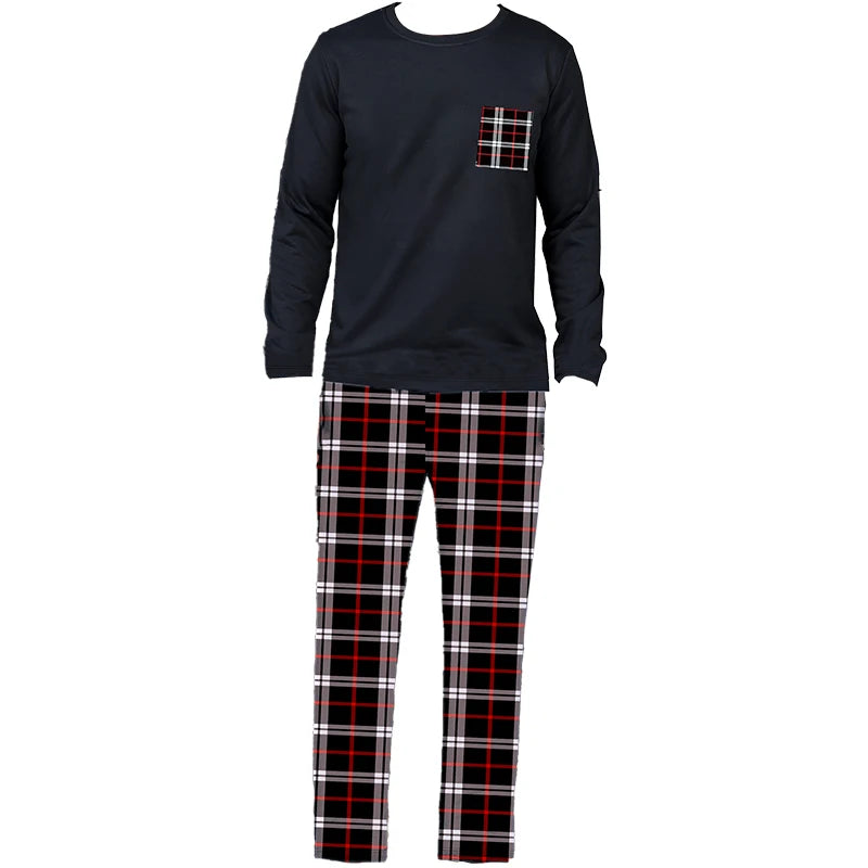 Men's Tartan-Trim Crew-Neck Lounge Set. Plain crew-neck top.