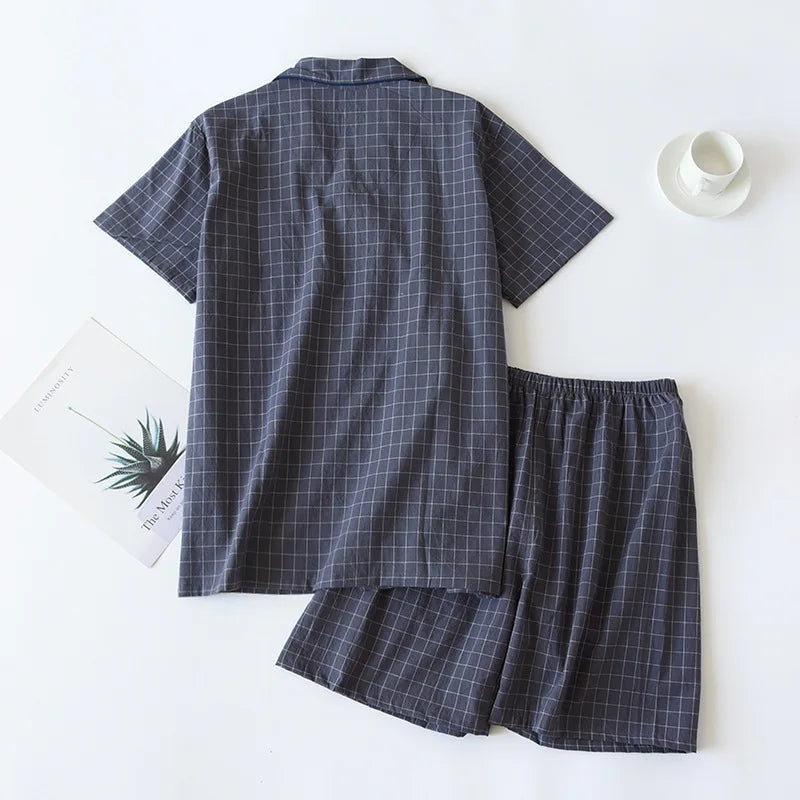 Men's Fine-Check Cotton Short Pyjamas. Cotton fabric.