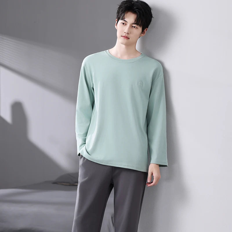 Men's Relaxed Cotton Crew-Neck Lounge Set. Cotton fabric.