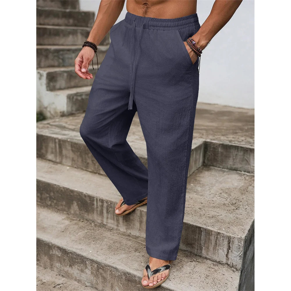 Men's Cotton-Linen Drawstring Trousers. Cotton and linen blend.