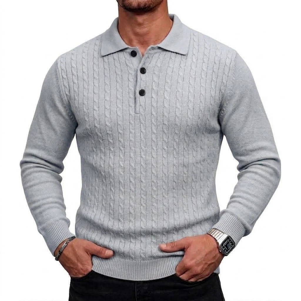 Men's Cable-Knit Long-Sleeve Polo. Cable-knit detailing.