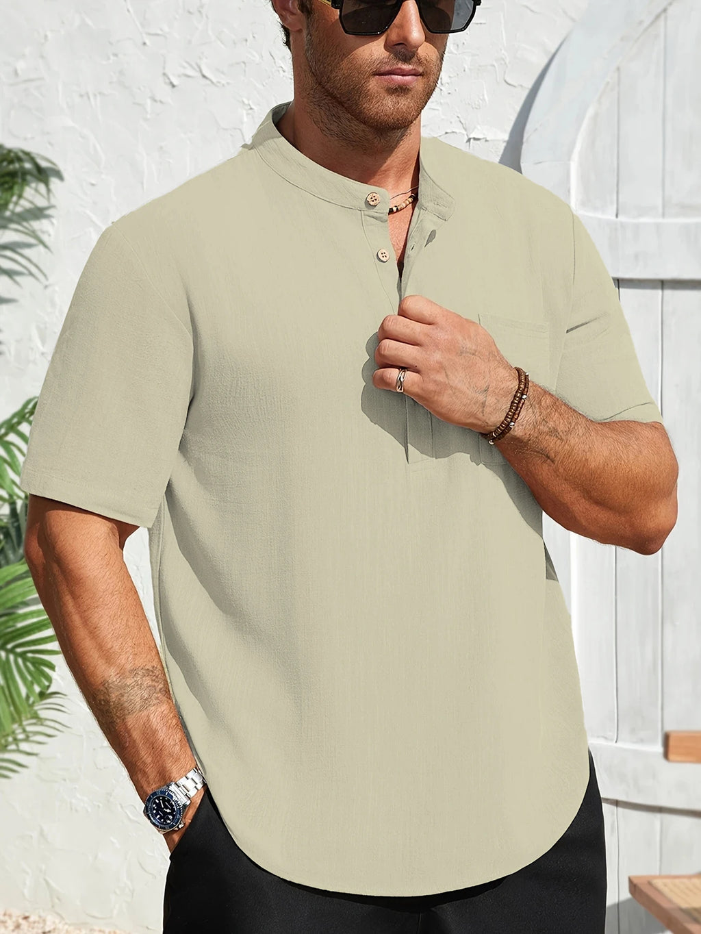 Men's Lightweight Short-Sleeve Pocket Henley. Lightweight textured finish.